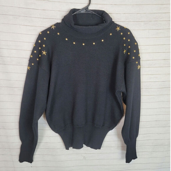 MEISTER VINTAGE WOOL BLEND TURTLE NECK SWEATER W GOLD STAR/STUD DETAIL, SZ LARGE - Picture 1 of 12